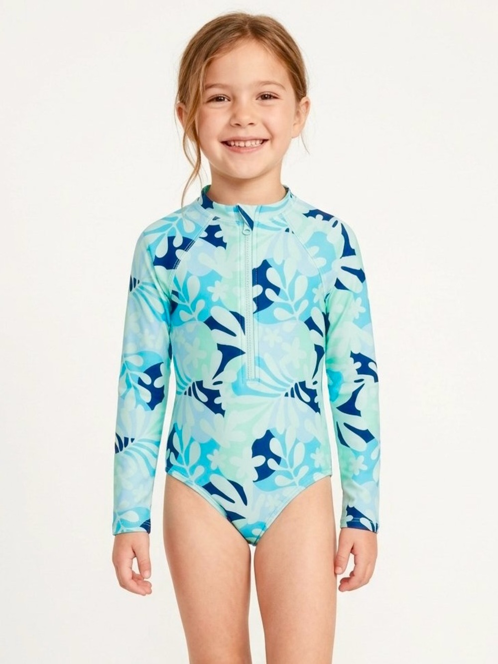 wonder nation Aqua and Navy Floral Long-Sleeve One-Piece Swimsuit